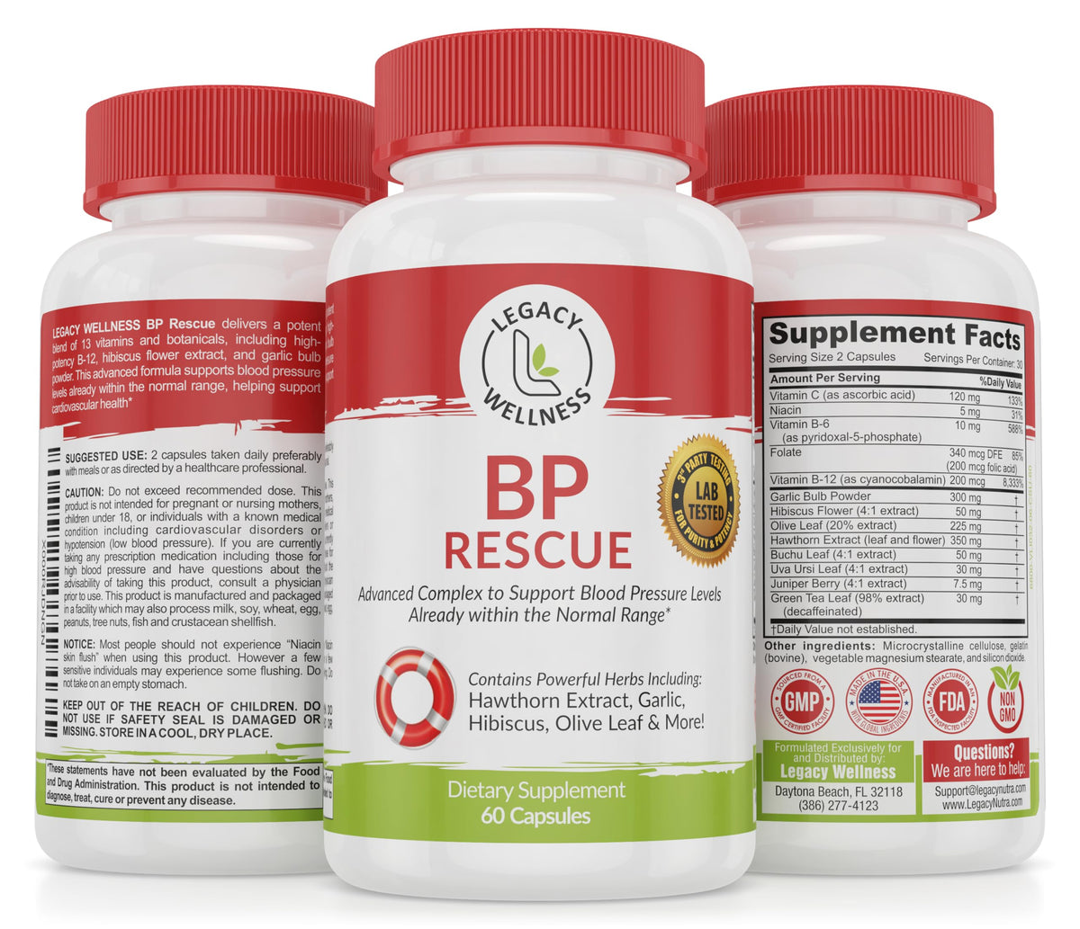 Complément alimentaire BP RESCUE de LegacyNutra en capsules, vue de face