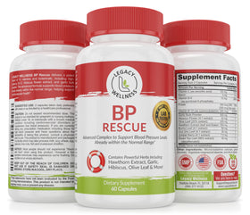 Complément alimentaire BP RESCUE de LegacyNutra en capsules, vue de face