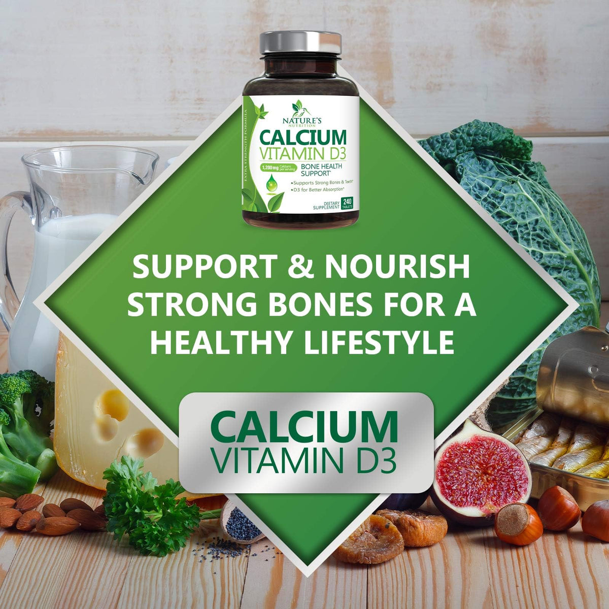 Complément alimentaire Calcium 1200 mg avec Vitamine D3, flacon ouvert