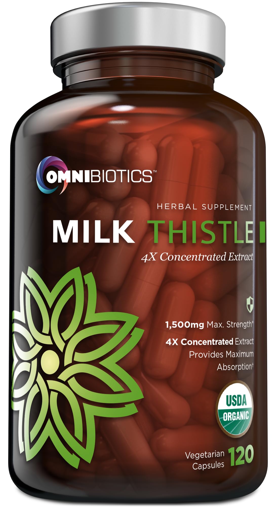 Complément alimentaire Chardon-Marie OmniBiotics 1500mg vue avant avec capsules