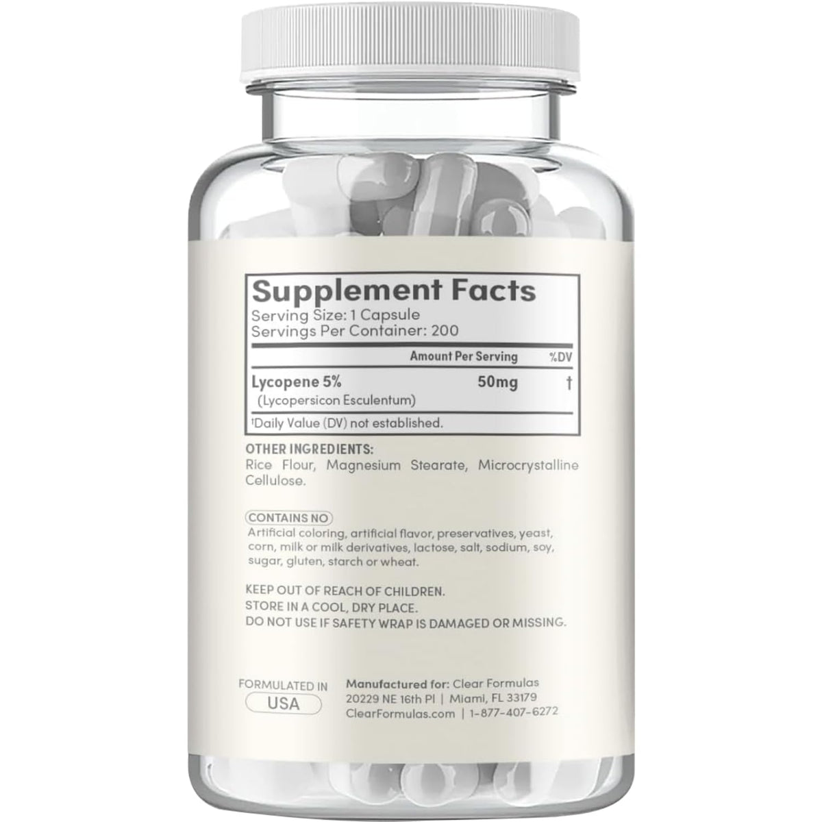 Complément alimentaire Clear Formulas Lycopène 50mg, vue arrière avec ingrédients