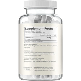 Complément alimentaire Clear Formulas Lycopène 50mg, vue arrière avec ingrédients