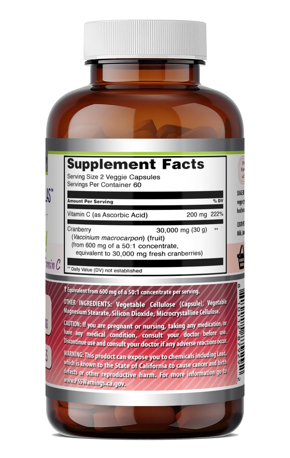 Complément alimentaire Cranberry 600 mg avec Vitamine C, arrière du flacon