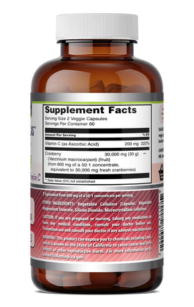 Complément alimentaire Cranberry 600 mg avec Vitamine C, arrière du flacon