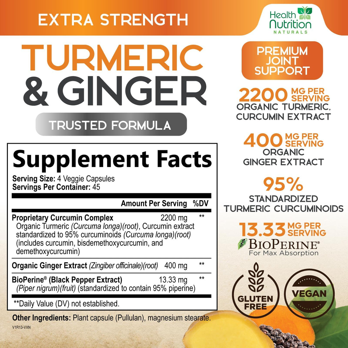 Complément Alimentaire Curcuma 2200mg vue arrière avec ingrédients