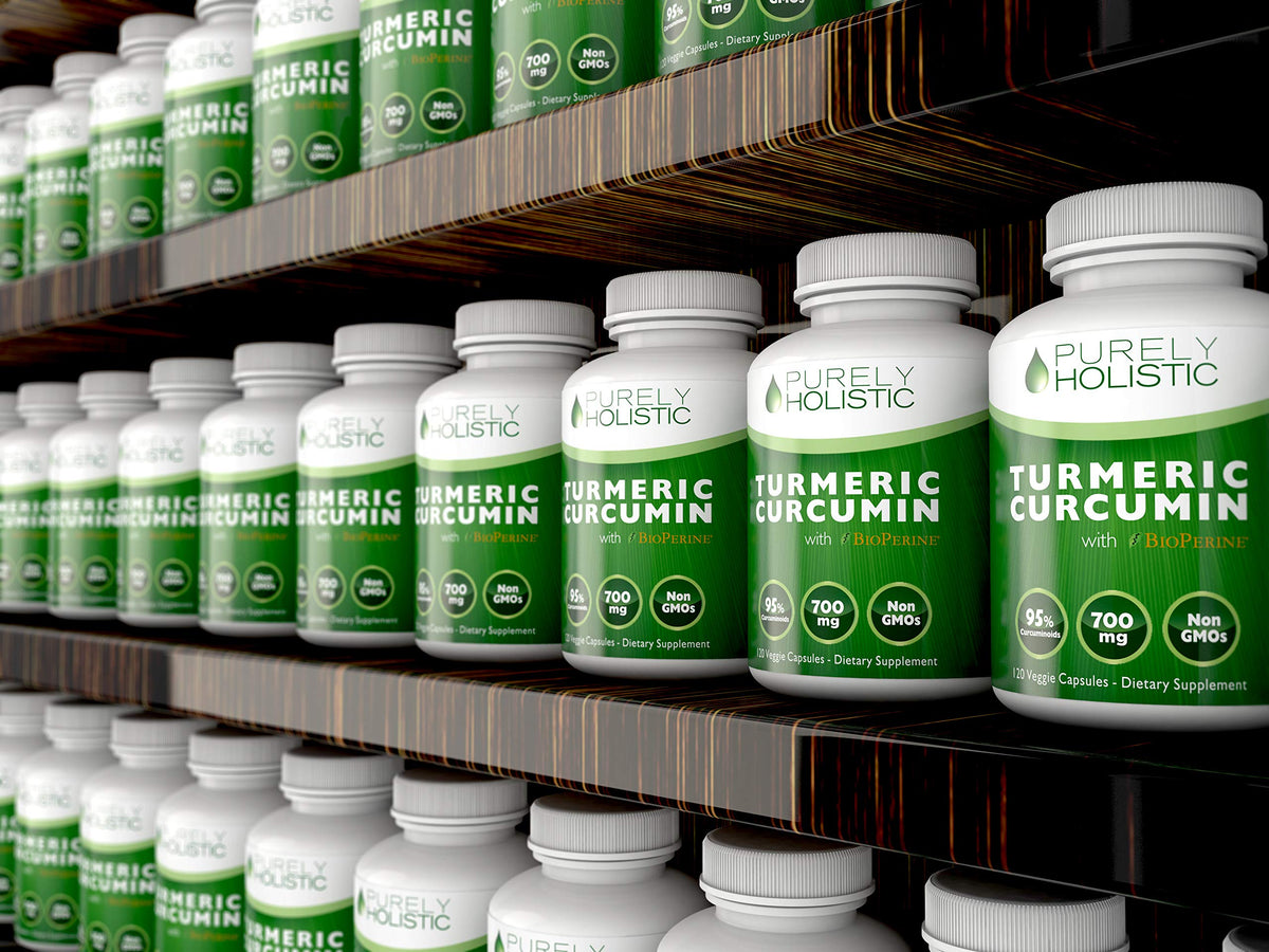 Complément alimentaire Curcuma 700mg Purely Holistic avec poivre noir en arrière-plan