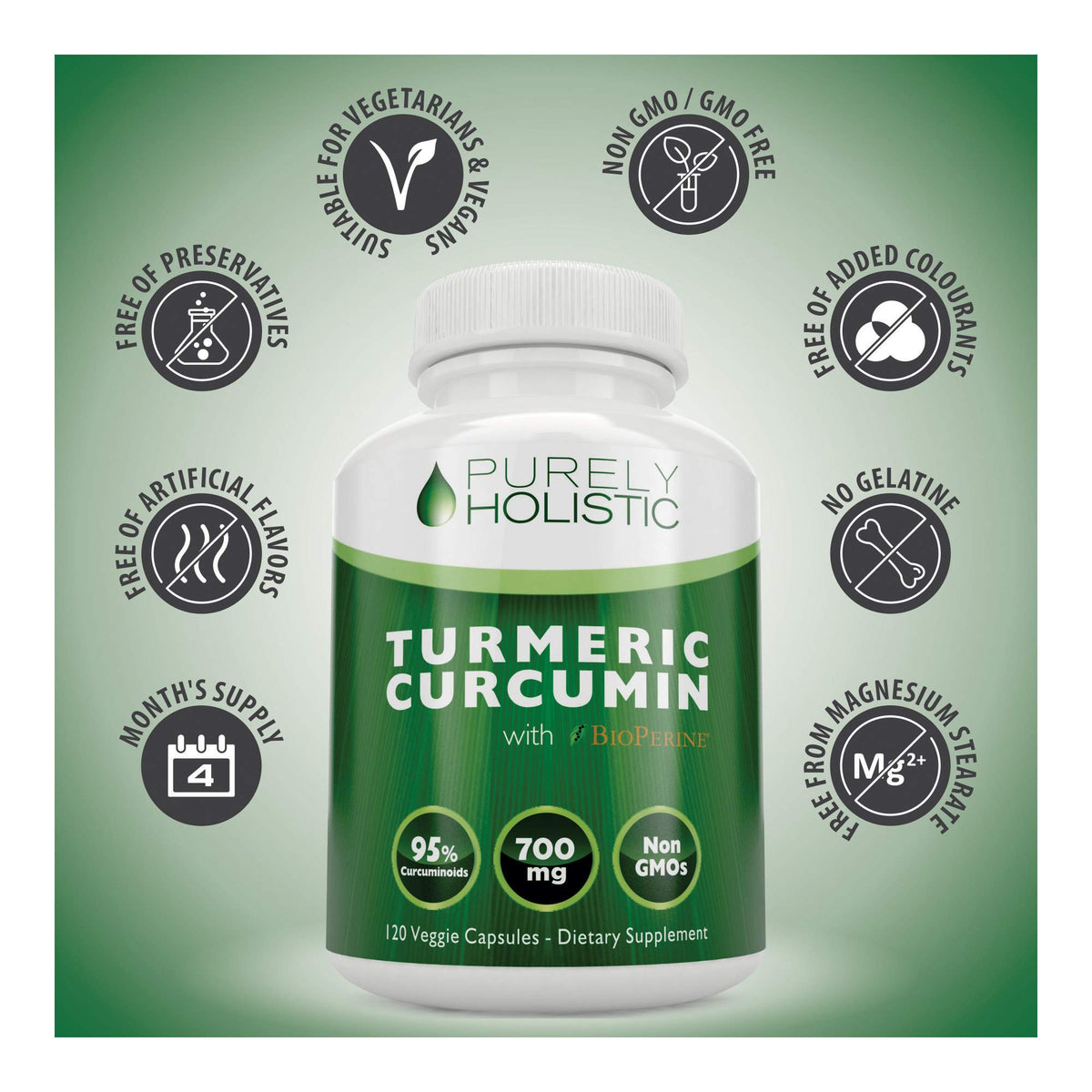 Complément alimentaire Curcuma 700mg Purely Holistic étiquette avec ingrédients