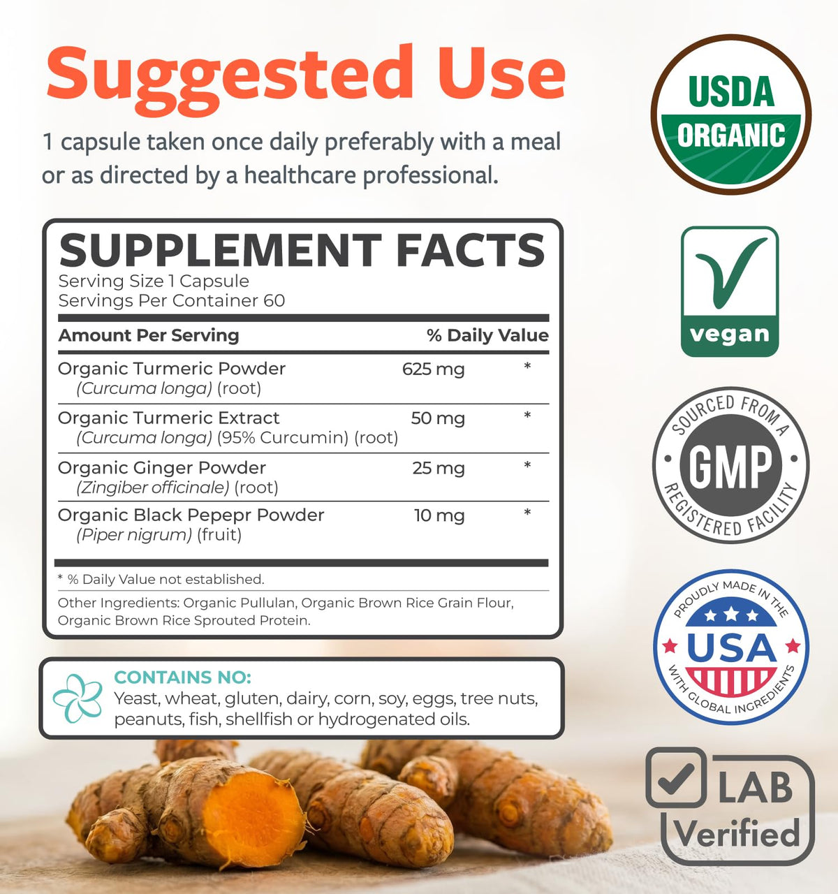 Complément alimentaire curcuma bio PURE CO avec ingrédients naturels en arrière-plan