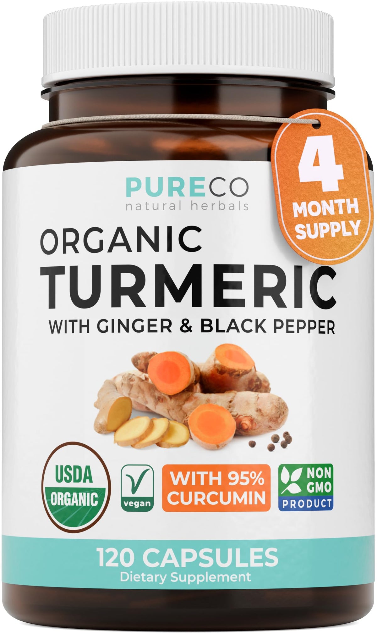 Complément alimentaire curcuma bio PURE CO vue avant avec capsule