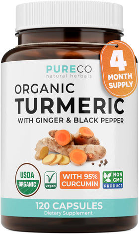 Complément alimentaire curcuma bio PURE CO vue avant avec capsule