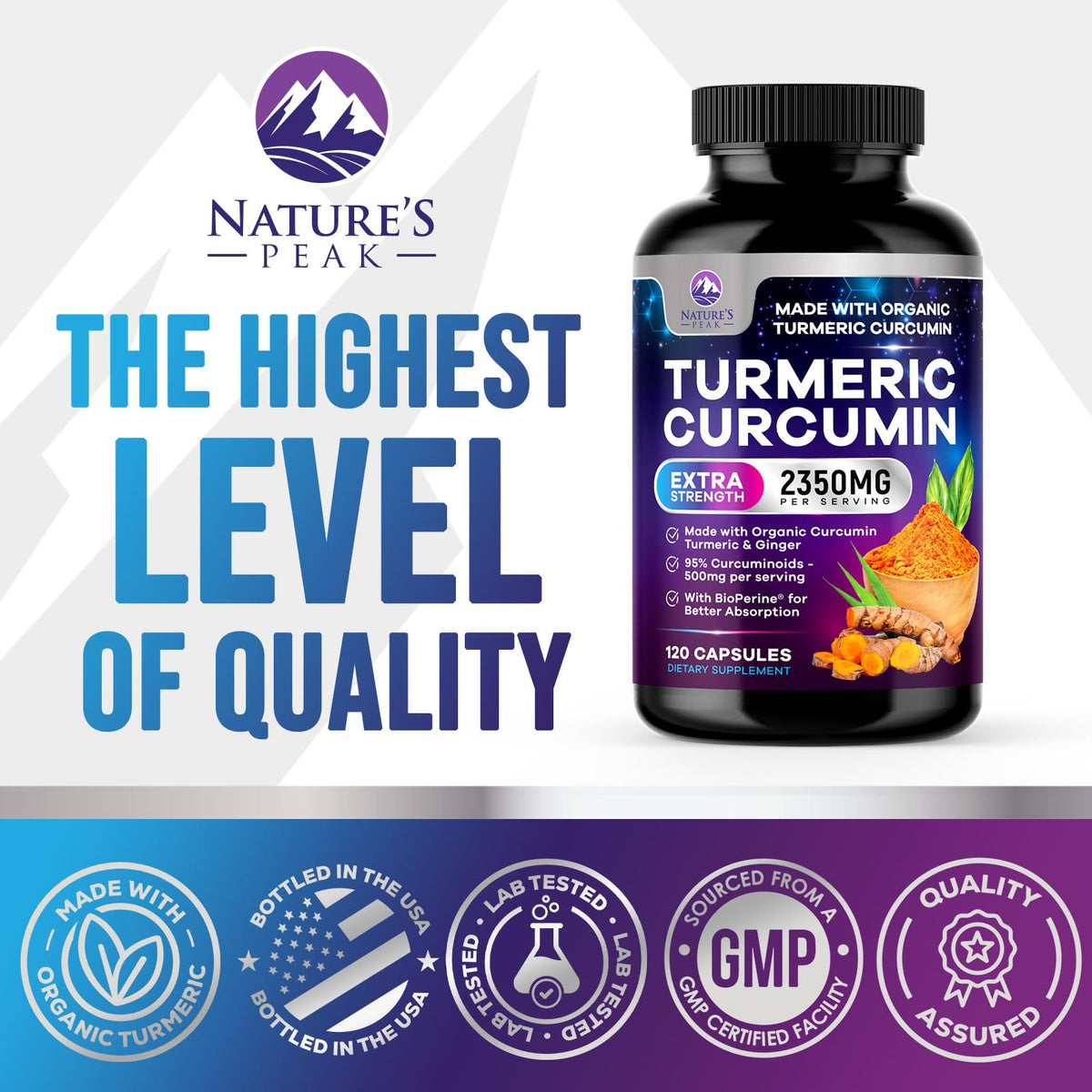 Complément alimentaire Curcuma Nature's Peak avec étiquette visible