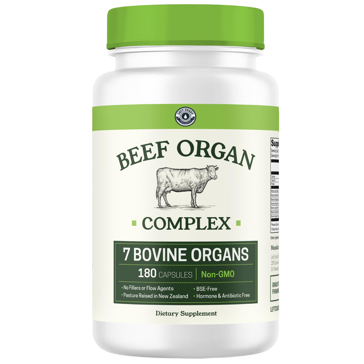 Complément alimentaire d'organes de boeuf Left Coast Performance, 180 capsules