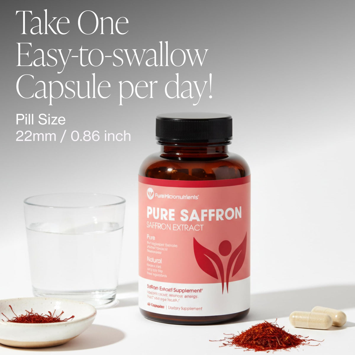 Complément alimentaire de safran 100% pur, ouvert avec capsules visibles