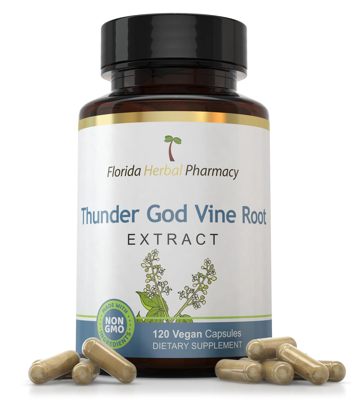 Complément alimentaire extrait de racine de Thunder God en capsules, vue de l'avant