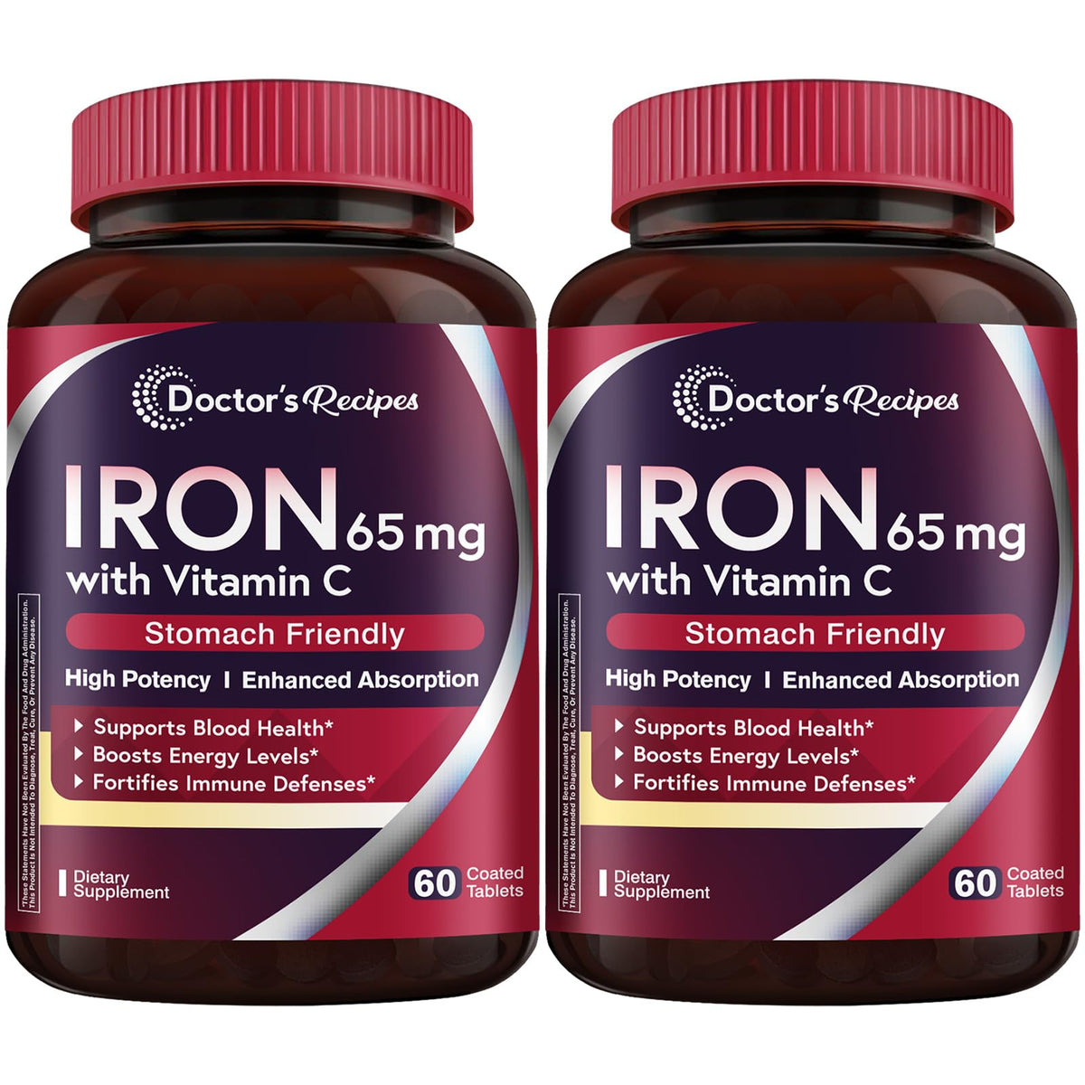 Complément alimentaire Fer 65 mg avec Vitamine C Doctor's Recipes, vue de face