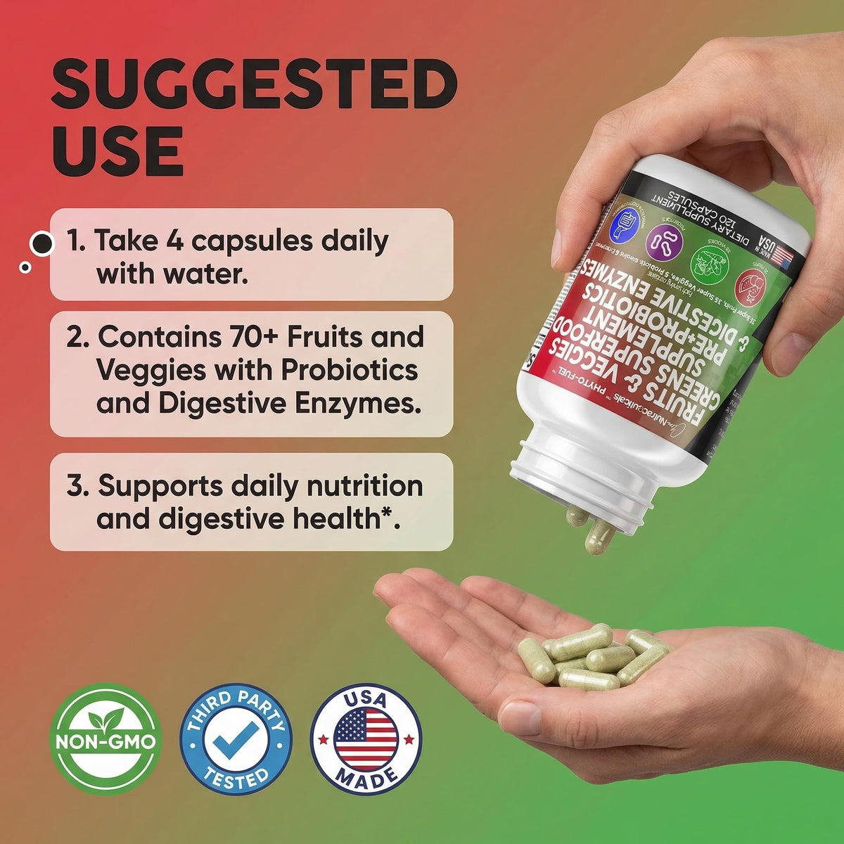Complément alimentaire Fruits et Légumes Clean Nutraceuticals avec des fruits et légumes en arrière-plan