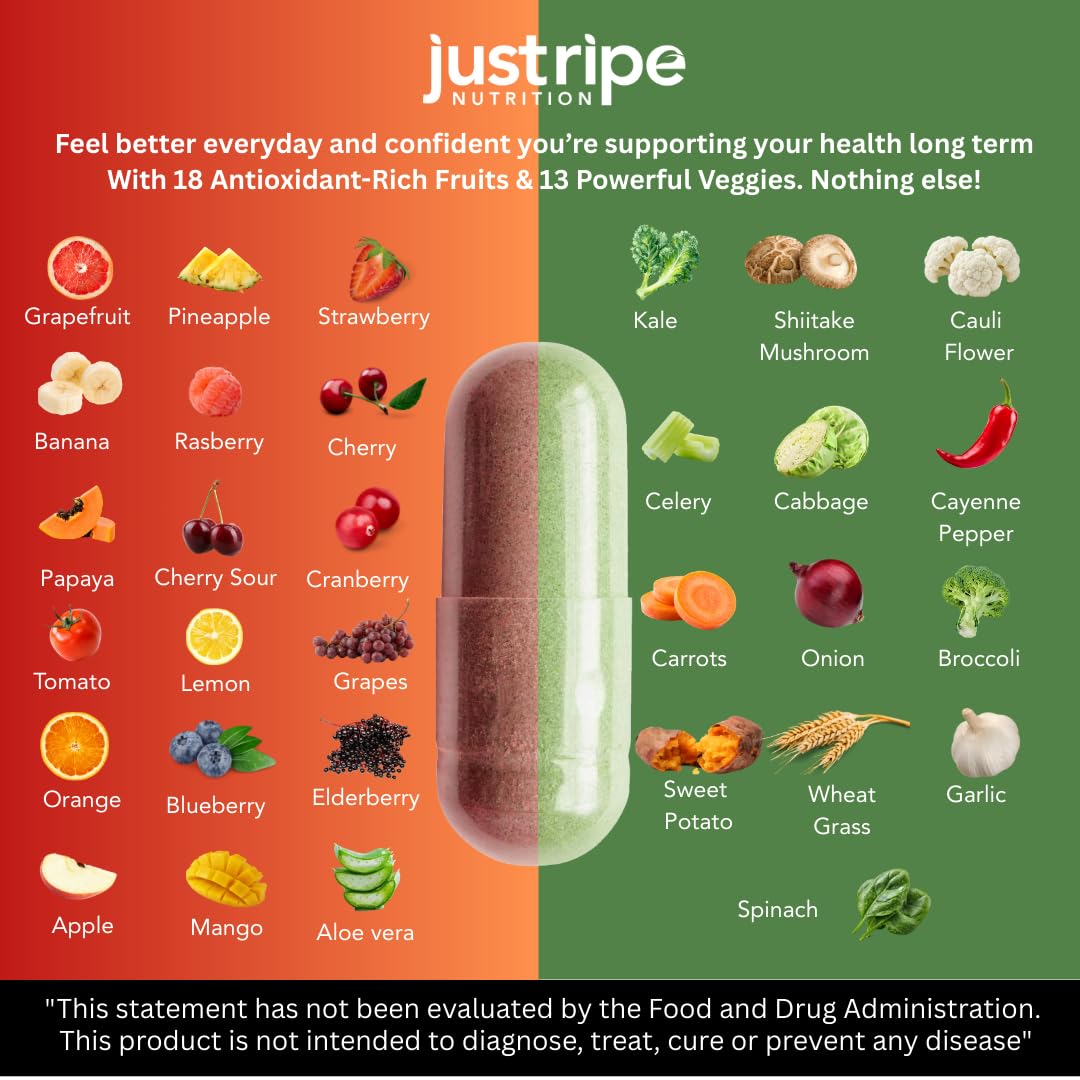 Complément alimentaire Fruits et Légumes Just Ripe Nutrition avec des fruits et légumes en arrière-plan