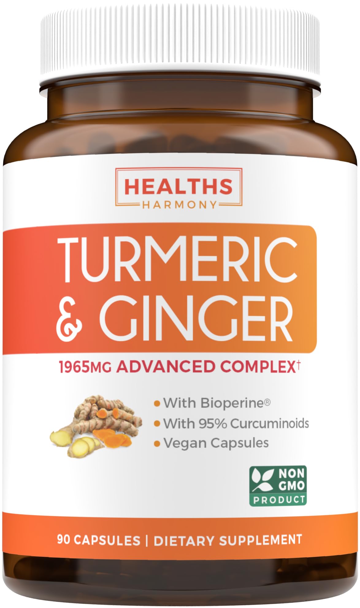 Complément alimentaire Healths Harmony Curcuma Gingembre 150mg, bouteille vue de face