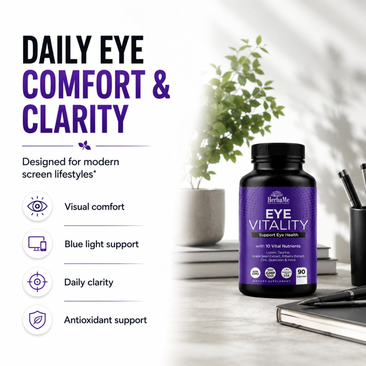 Complément alimentaire HerbaMe pour les yeux, avec des ingrédients naturels en arrière-plan