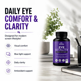 Complément alimentaire HerbaMe pour les yeux, avec des ingrédients naturels en arrière-plan