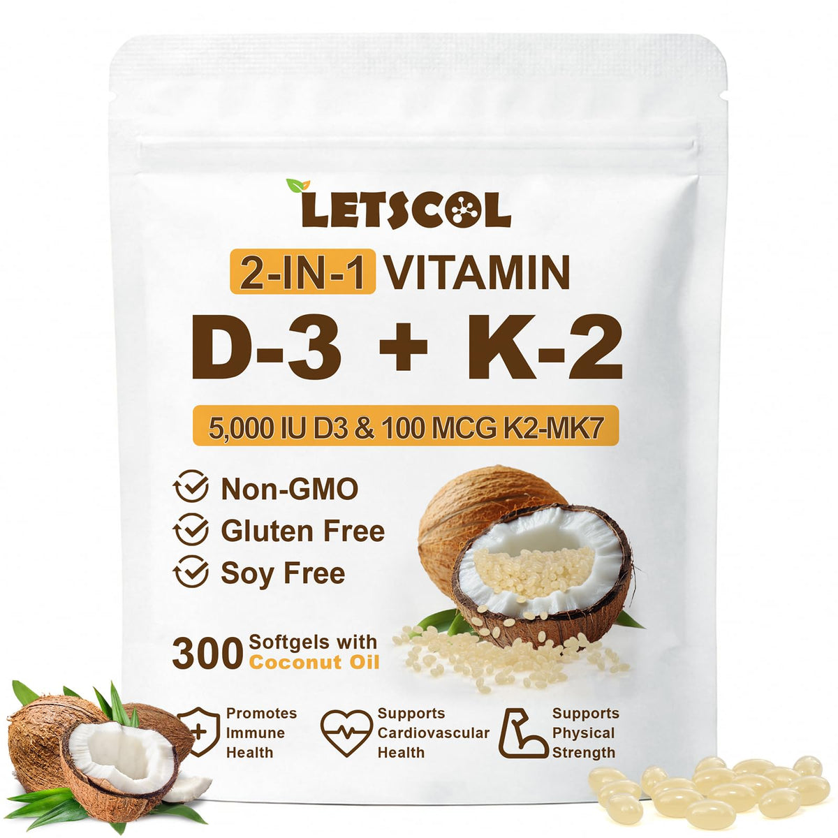 Complément alimentaire LETSCOL 2-en-1 Vitamine D3 K2 en capsule molle
