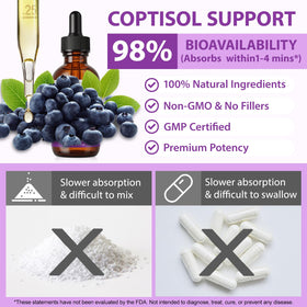 Complément alimentaire liquide Cortisol XCTTDXEH sur une table avec des ingrédients naturels
