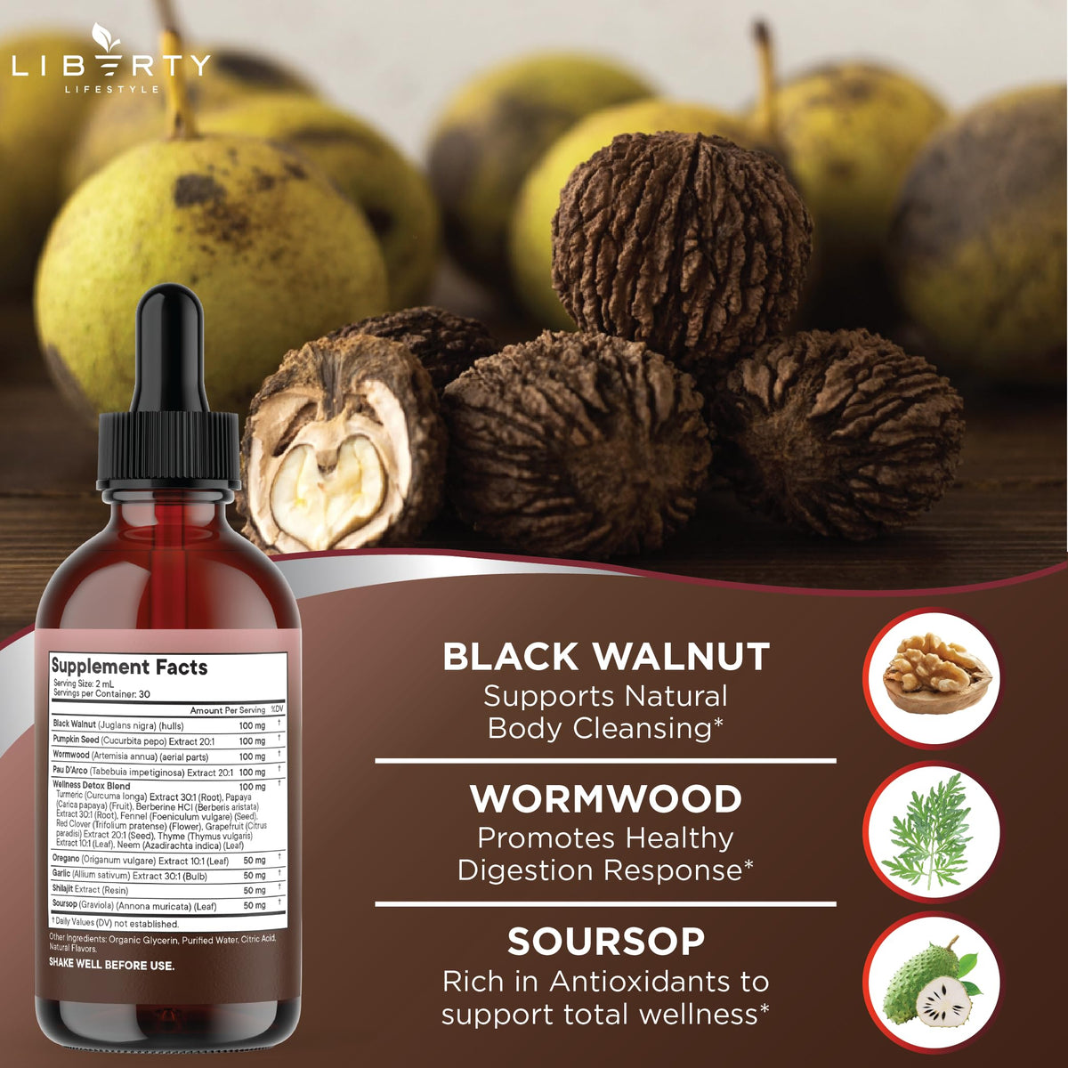 Complément alimentaire liquide Liberty Lifestyle sur une table en bois