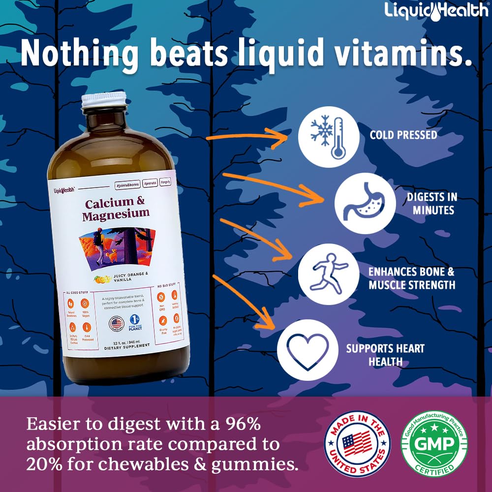 Complément alimentaire LIQUIDHEALTH Calcium & Magnésium avec étiquette orange et vanille