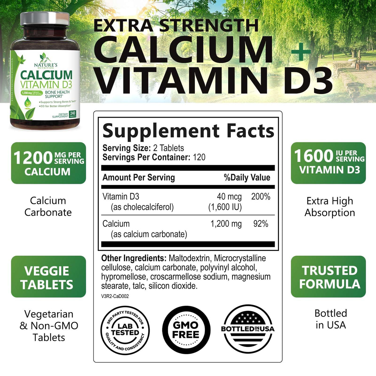 Complément alimentaire Nature's Nutrition Calcium 1200 mg, vue arrière du flacon