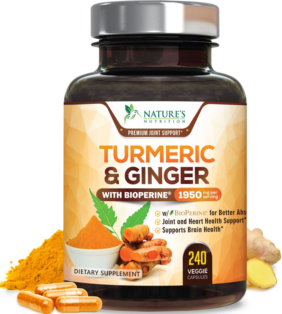 Complément alimentaire Nature's Nutrition Curcuma Gingembre 240 capsules vue de face