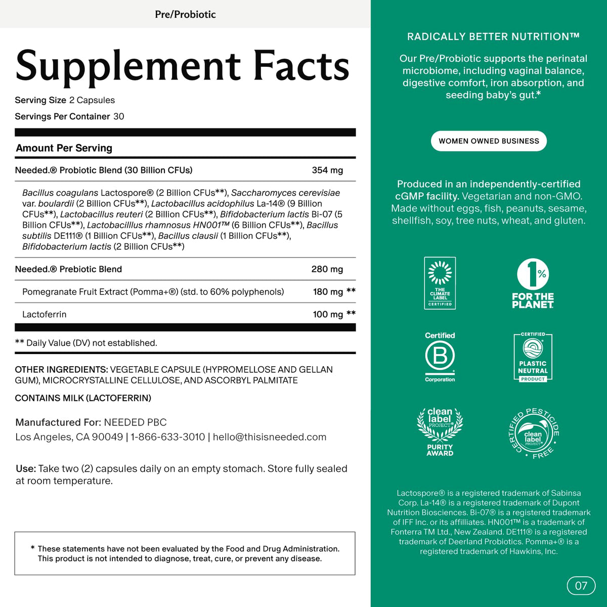 Complément alimentaire Needed. Prénatal Prébiotique & Probiotique 60 capsules vue avant