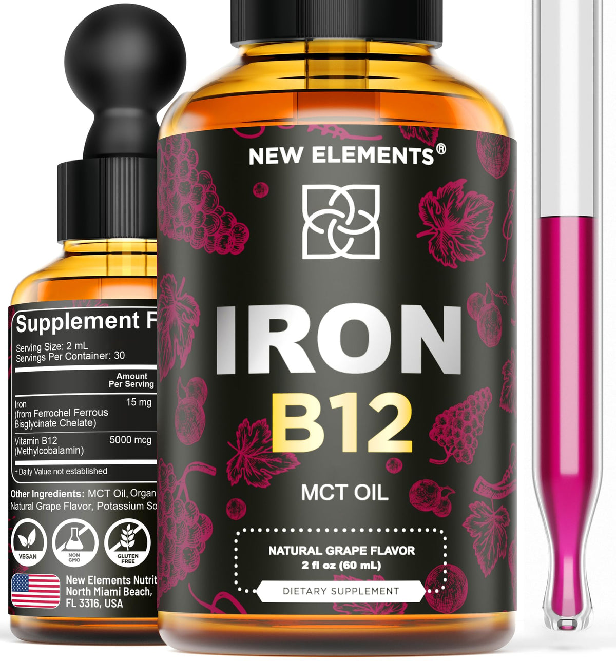 Complément alimentaire New Elements Fer et Vitamine B12 5000mcg, flacon avant