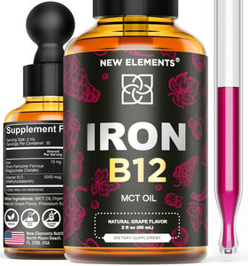 Complément alimentaire New Elements Fer et Vitamine B12 5000mcg, flacon avant