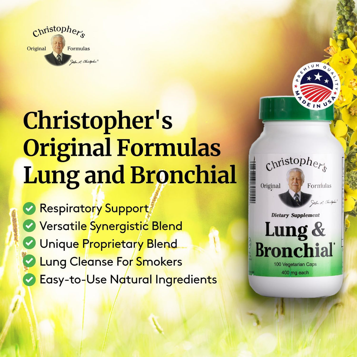 Complément Alimentaire Pulmonaire Christopher's sur une table avec des herbes