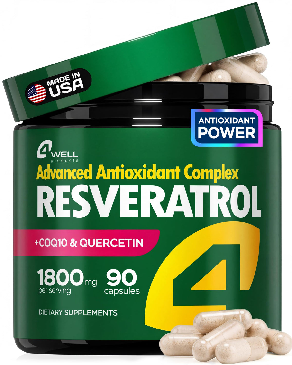 Complément alimentaire Resvératrol 1800mg 90 capsules de 4Well Products, vue de face