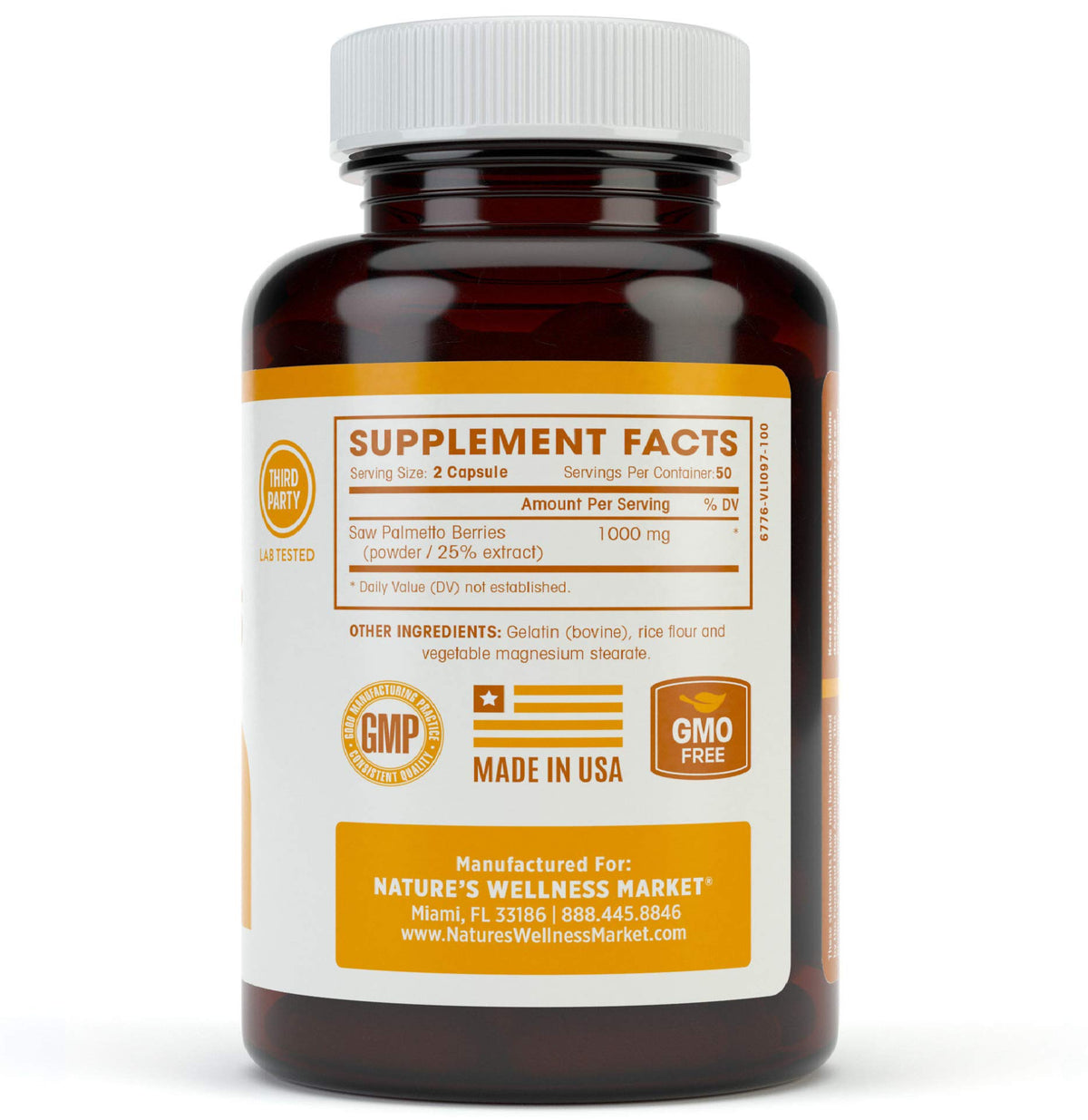 Complément alimentaire Saw Palmetto Natures Wellness, arrière du packaging