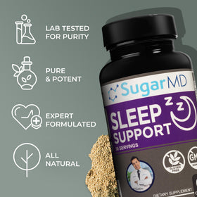 Complément alimentaire sommeil SugarMD avec des herbes en arrière-plan