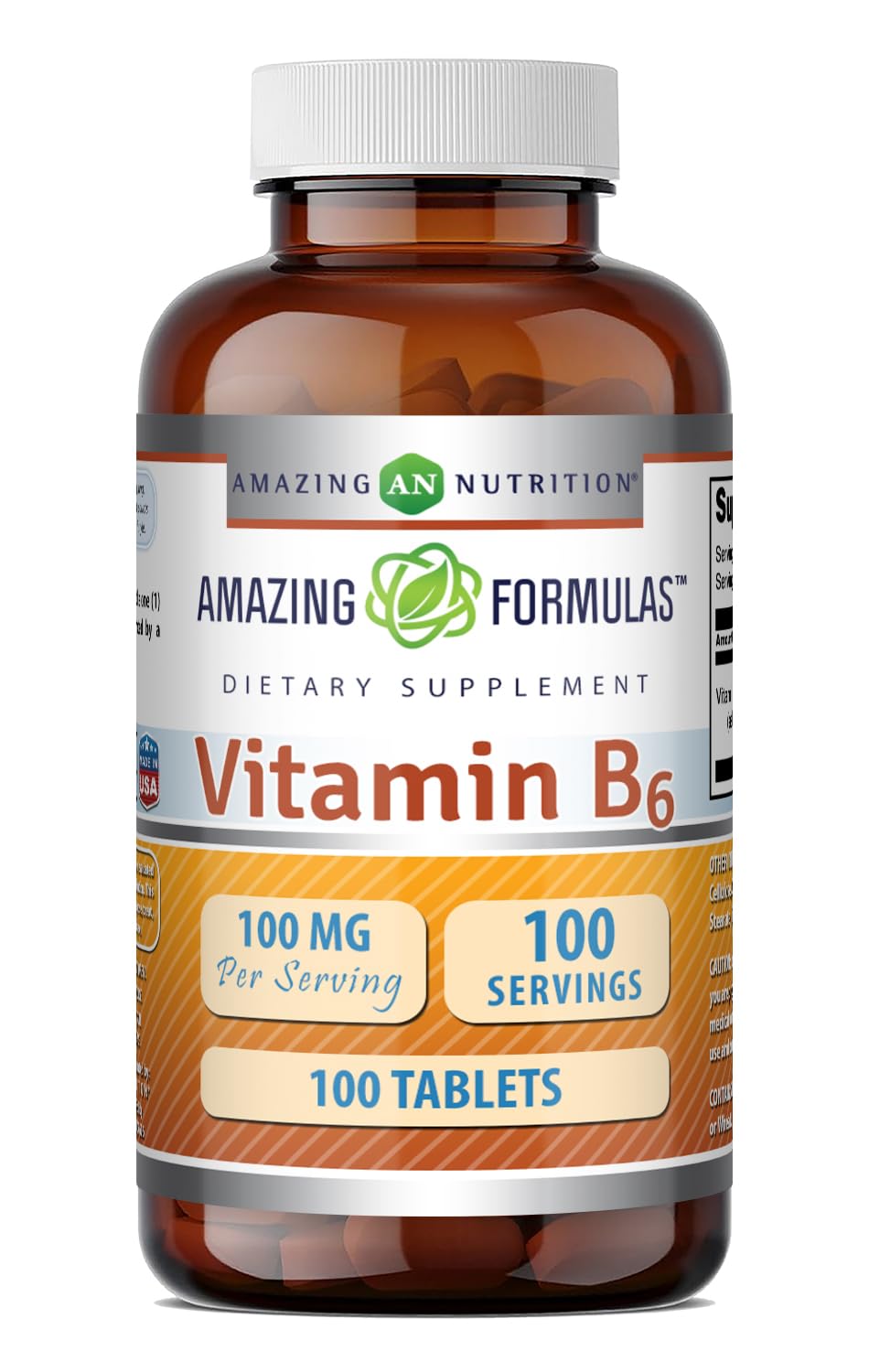 Complément Alimentaire Vitamine B6 Amazing Nutrition 100 mg, flacon avant