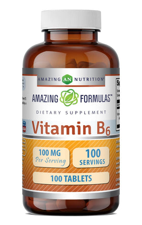 Complément Alimentaire Vitamine B6 Amazing Nutrition 100 mg, flacon avant