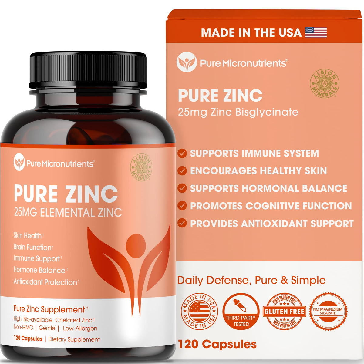 Complément Alimentaire Zinc 25mg Pure Micronutrients, 120 Capsules, vue de face