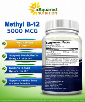 Complément B12 aSquared Nutrition avec informations nutritionnelles