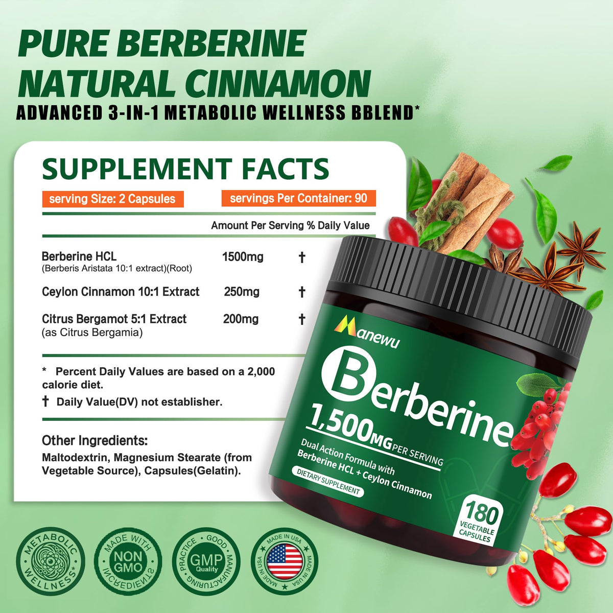 Complément Berbérine HCl 1500mg avec dosage sur l'étiquette