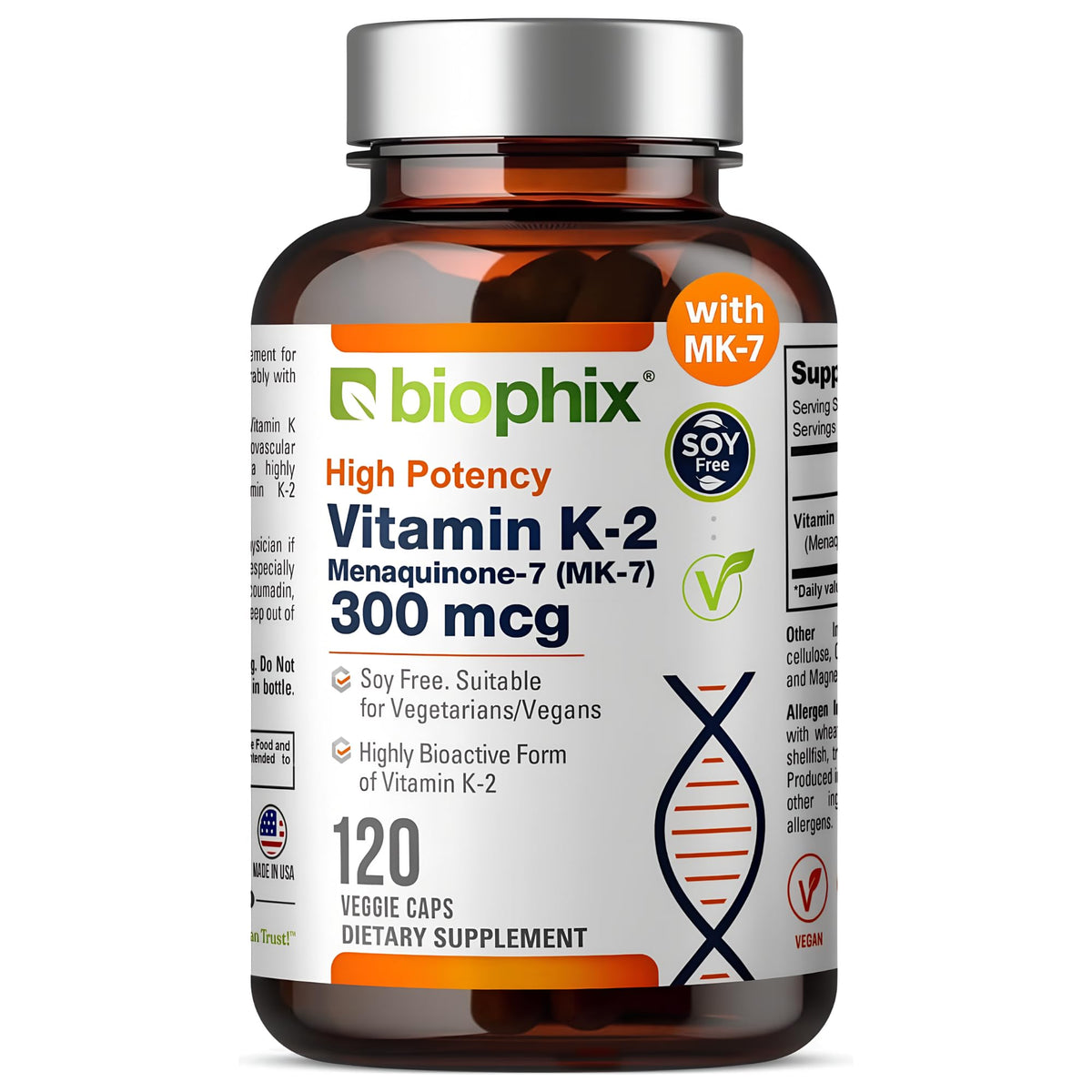 Complément biophix K2 MK-7 300mcg en capsules végétales vue de face