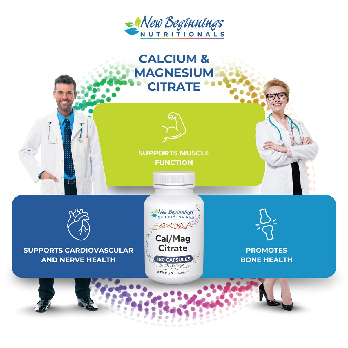 Complément Calcium et Magnésium New Beginnings Nutritionals 180 gélules à côté d'un verre d'eau