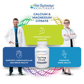 Complément Calcium et Magnésium New Beginnings Nutritionals 180 gélules à côté d'un verre d'eau