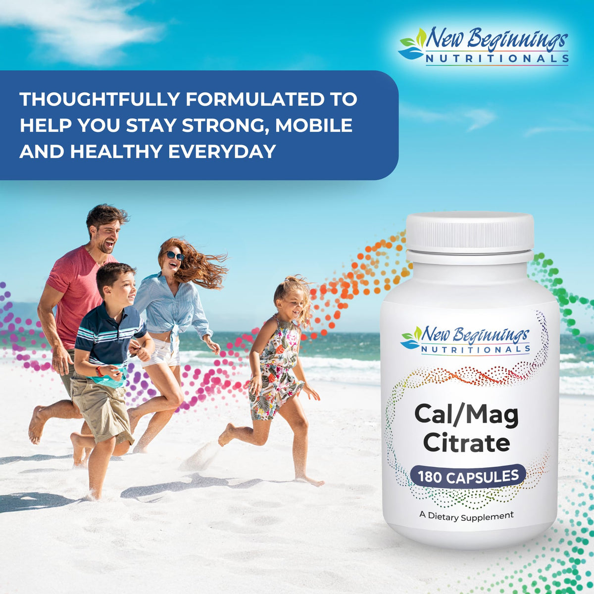 Complément Calcium et Magnésium New Beginnings Nutritionals sur une table en bois