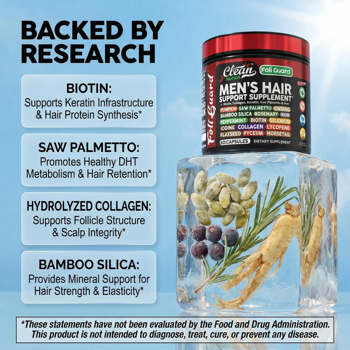 Complément Clean Nutraceuticals pour cheveux, ingrédients sur l'étiquette
