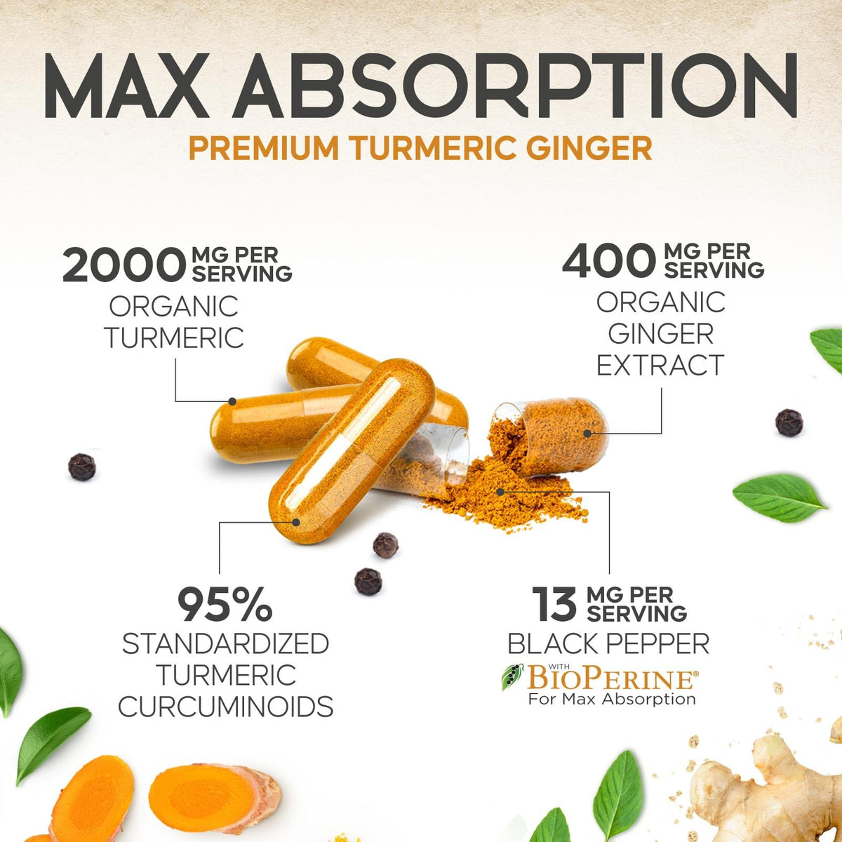 Complément Curcuma 2200mg avec des ingrédients frais autour