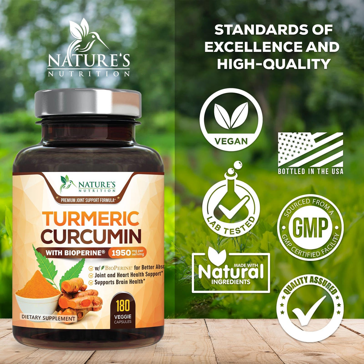 Complément Curcuma Nature's Nutrition avec BioPerine sur un fond naturel