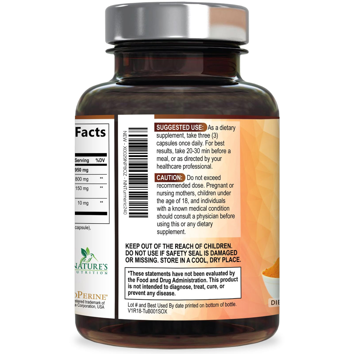 Complément Curcuma Nature's Nutrition avec ingrédients en arrière-plan